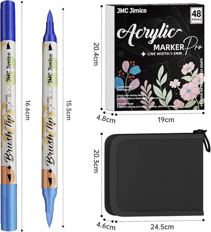 Acrylic 96 Colors Marker Pro Set,Dual-Color Brush Tips, 48 Pieces, Black Case with Floral Design, 1-5mm Line Width, for Drawing, Journaling, Rocks,Wood, Glass