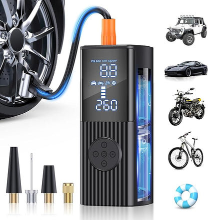 Tire Inflator Portable Air Compressor, 180PSI Cordless Air Pump with Digital Gauge, LED Light and Auto Shut-Off Function, 3X Faster Air Compressor for Car, Motorcycle, Bicycle, Ball