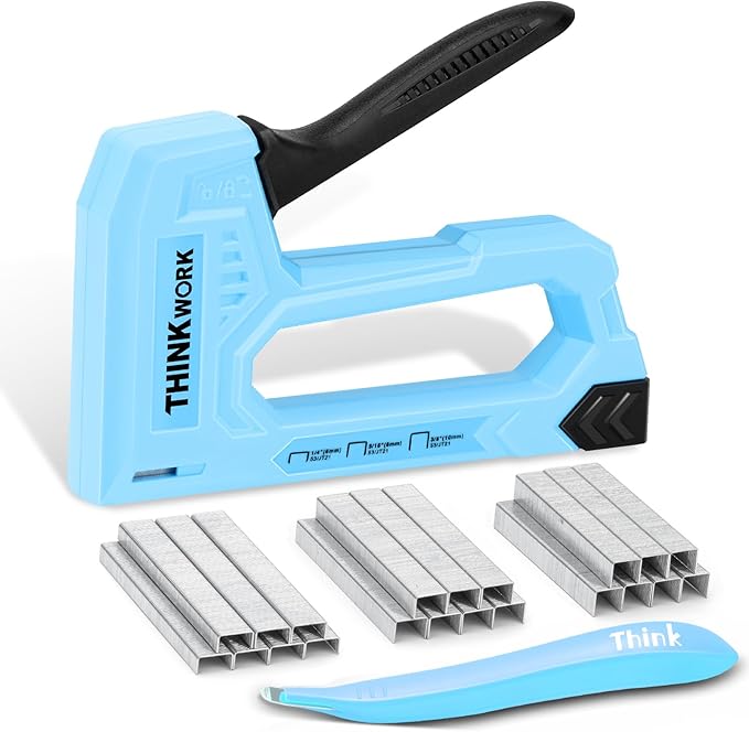 THINKWORK Light Duty Staple Gun - Upholstery Staple Gun for Wood with 1600pcs JT21 Staples 1/4", 5/16", 3/8" and Staple Remover, Fabric Stapler Gun for Crafts, Home Use, Wall, DIY, Lights Decora, Blue