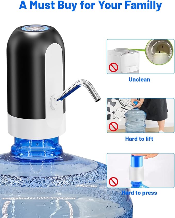 Myvision Water Dispenser for 5 Gallon Bottle, Portable USB Charging Electric Water Pump, Drinking Water Jug Pump for Home, Kitchen, Living Room, Office, Camping, Universal for 3-5 Gallon (Black)