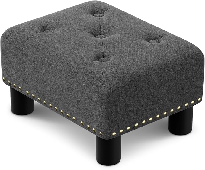 Athena Collection Small Ottoman Foot Rest with Legs, Linen Fabric Ottoman Foot Stool with Soft Padded seat, Square Footstool FootRest for Living Room, Bedroom, Office, Dark Grey