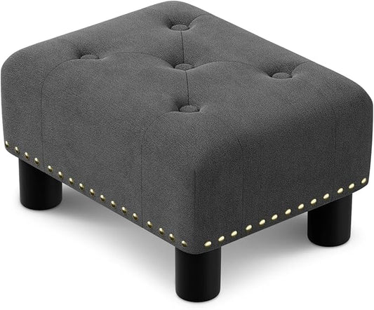 Athena Collection Small Ottoman Foot Rest with Legs, Linen Fabric Ottoman Foot Stool with Soft Padded seat, Square Footstool FootRest for Living Room, Bedroom, Office, Dark Grey