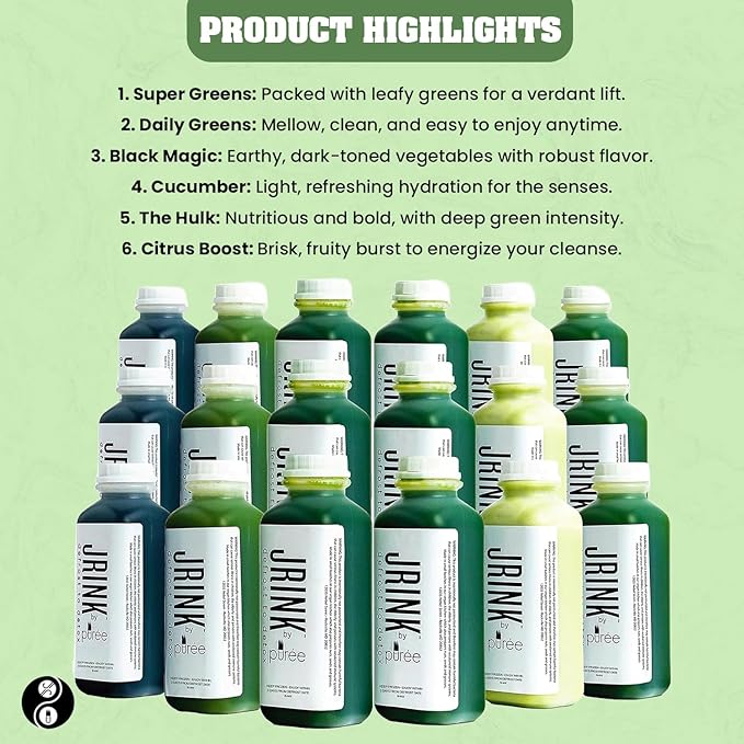 JRINK by Purée Easy Juice Cleanse, Cold Pressed Detox Drink with Organic 3 Day-Healthy Vegetable and Fruit Juice, Frozen Pressed Juice Cleanse, 18 Bottles, 16oz Each