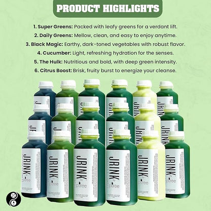 JRINK by Purée Easy Juice Cleanse, Cold Pressed Detox Drink with Organic 3 Day-Healthy Vegetable and Fruit Juice, Frozen Pressed Juice Cleanse, 18 Bottles, 16oz Each