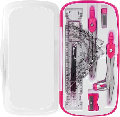 Maths Compasses Full Starter Geometry Kit with 2 Drafting Compasses Protractor 2 Set Squares Ruler Pencil and More for Students Maths Study Homework etc. Pink