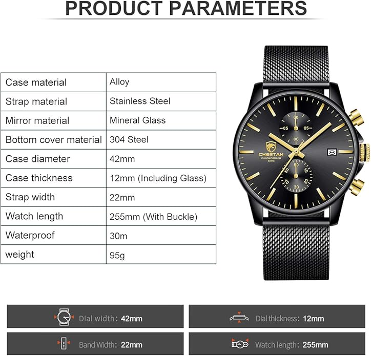 GOLDEN HOUR Mens Watch Fashion Sleek Minimalist Quartz Analog Mesh Stainless Steel Waterproof Chronograph Watches for Men with Auto Date