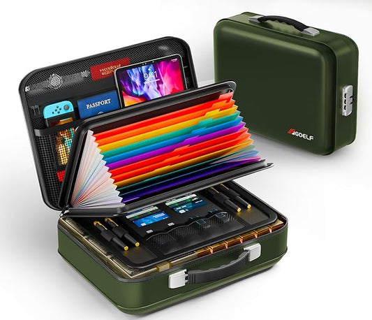 Fireproof Document Box with Lock, 5200°F Fireproof Water Resistant Hard Case File Organizer Safe Box for Important Documents, Certificates, Laptop, Passports (Green)