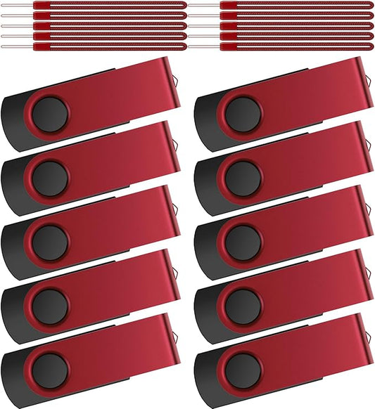 Flash Drive 32 GB 10 Pack Thumb Drive 32GB USB Memory Stick Kepmem USB Drive Portable USB 2.0 Pendrive Metal Jump Drive Swivel USB Stick Red Zip Drive with 10pcs Ropes Data Storage