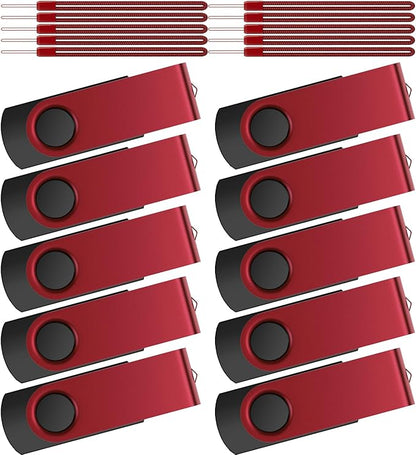Kepmem 1GB Flash Drive Pack of 10 - Metal USB 2.0 Memory Sticks - Swivel Pendrive - Portable Keychain - Red