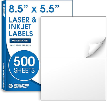 8.5" X 5.5" Printable Half-Sheet Shipping Labels Compatible with Inkjet and Laser Printers - 500 Sheets, 1000 Total Matte White Paper Stickers for Mailing and Boxes - Spartan Industrial Template R025