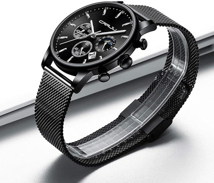 CRRJU Men's Fashion Casual Watches Auto Date Chronograph Watch Men Nice Work Watches Waterproof 30M Full Steel Quartz with Mesh Strap
