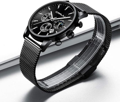 CRRJU Men's Fashion Casual Watches Auto Date Chronograph Watch Men Nice Work Watches Waterproof 30M Full Steel Quartz with Mesh Strap