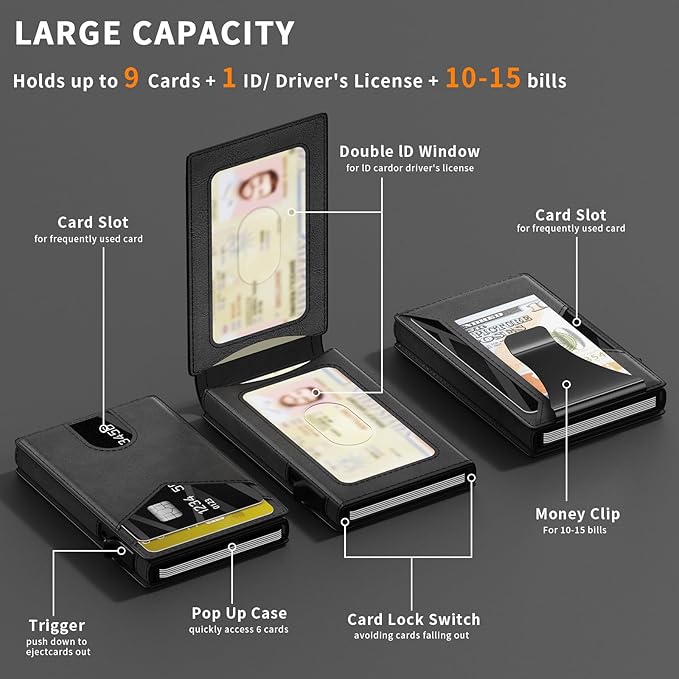 Wallet for Men Slim RFID Blocking-Metal Smart Pop-Up Credit Card Holder with 2 ID Windows, Holds 8-10 Cards,Bifold Minimalist Front Pocket Wallet & Money Clip,Men's accessories (Black)