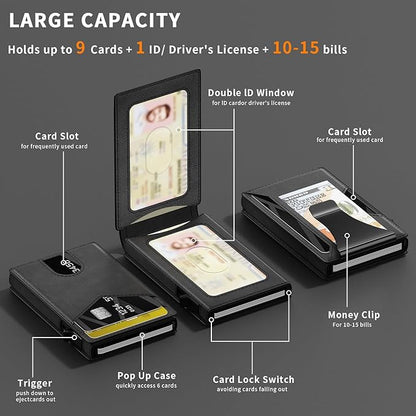 Wallet for Men Slim RFID Blocking-Metal Smart Pop-Up Credit Card Holder with 2 ID Windows, Holds 8-10 Cards,Bifold Minimalist Front Pocket Wallet & Money Clip,Men's accessories (Black)