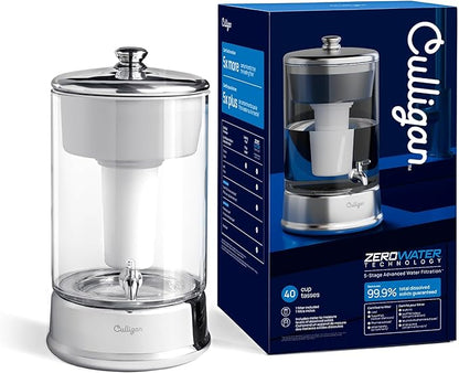 Culligan with ZeroWater Technology 40-Cup Glass Water Filter Dispenser – Includes 5-Stage Advanced Water Filter, Certified to Reduce Lead, Total PFAS (Forever Chemicals), Fluoride, and Chlorine
