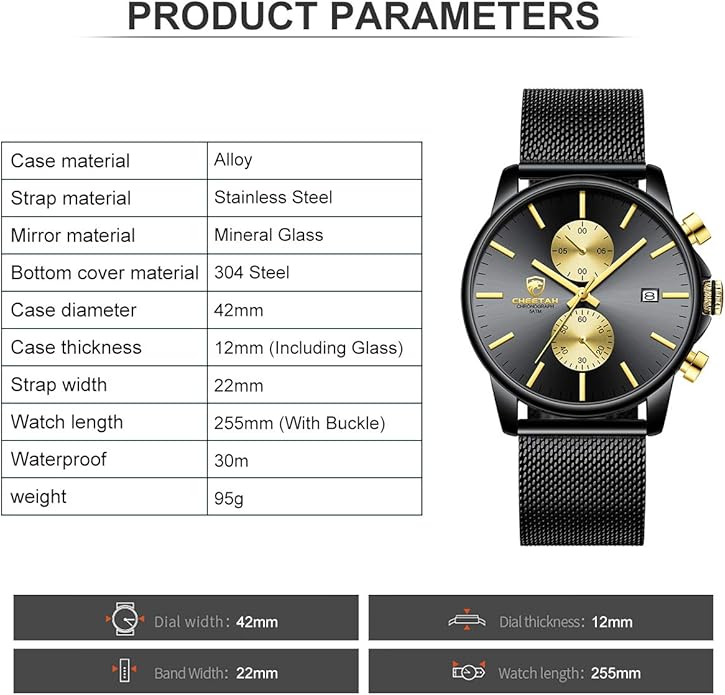 GOLDEN HOUR Mens Watch Fashion Sleek Minimalist Quartz Analog Mesh Stainless Steel Waterproof Chronograph Watches for Men with Auto Date