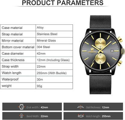 GOLDEN HOUR Mens Watch Fashion Sleek Minimalist Quartz Analog Mesh Stainless Steel Waterproof Chronograph Watches for Men with Auto Date
