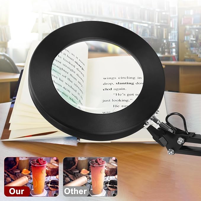 12X Magnifying Glass with Light and Clamp, Real Glass Stand Lighted Magnifier, 5 Color Modes Stepless Dimmable LED Desk Lamp Hands Free for Crafts Hobby Reading Painting Sewing Close Work