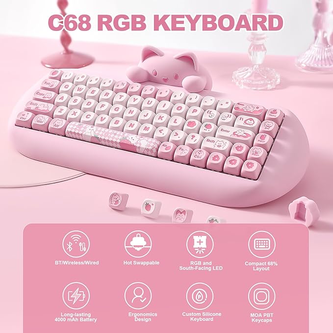 YUNZII C68 Wireless Mechanical Keyboard,65% Layout,Hot Swap,Triple Mode BT5.0/2.4G/Wired, RGB Backlit NKRO,Cute Cat Silicone Ergonomic Design for Win/Mac(Pink, Cocoa Cream V2 Switch)