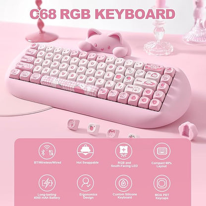 YUNZII C68 Wireless Mechanical Keyboard,65% Layout,Hot Swap,Triple Mode BT5.0/2.4G/Wired, RGB Backlit NKRO,Cute Cat Silicone Ergonomic Design for Win/Mac(Pink, Cocoa Cream V2 Switch)