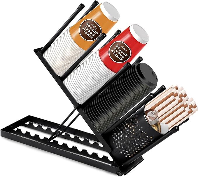 Cup and Lid Holder, Adjustable Coffee Cup Holder Organizer, 4 Compartment Disposable Cup Dispenser with Mesh Basket for Coffee Pod Straw Storage, Countertop, Office Breakroom (Black)