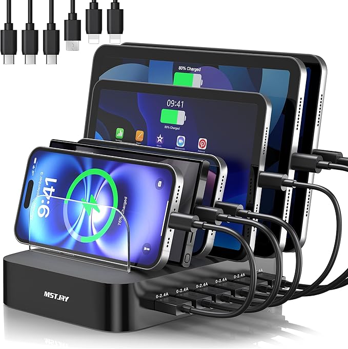 MSTJRY Charging Station for Multiple Devices : 6 Port USB Charger Stations - Family Multi-Device Organizer Charging Dock - Designed for iPhone iPad Android Cell Phone Tablet and Electronic, Black