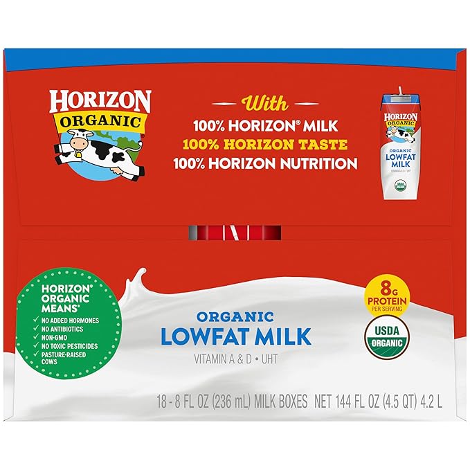Horizon Organic Shelf Stable 1% Lowfat Milk Boxes, 8 fl oz, 18 Count - 8g Protein per Serving, USDA Organic UHT from Pasture-Raised Cows, Ready to Drink for Lunchbox, Travel, or On-the-Go, No Refrigeration Needed