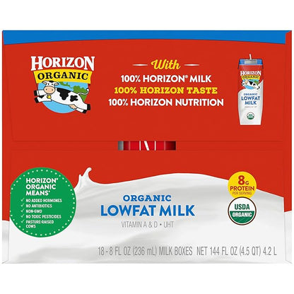 Horizon Organic Shelf Stable 1% Lowfat Milk Boxes, 8 fl oz, 18 Count - 8g Protein per Serving, USDA Organic UHT from Pasture-Raised Cows, Ready to Drink for Lunchbox, Travel, or On-the-Go, No Refrigeration Needed