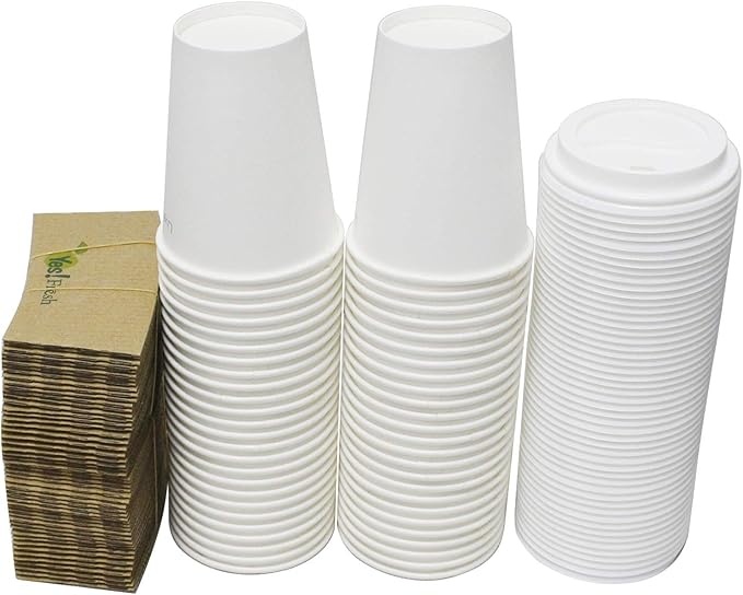 Yes!Fresh Disposable White 12 oz Paper Hot Coffee Cups with Lids for Office Parties Home Travel Corrugated Sleeve Hot Drink Cups(White 12 oz 50 count)