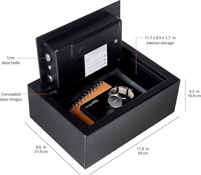 Amazon Basics Small Slim Desk Drawer Security Safe with Programmable Electronic Keypad, 0.1 Cubic Feet, Small Safe, Black, 11.8''W x 8.6''D x 4.4''H