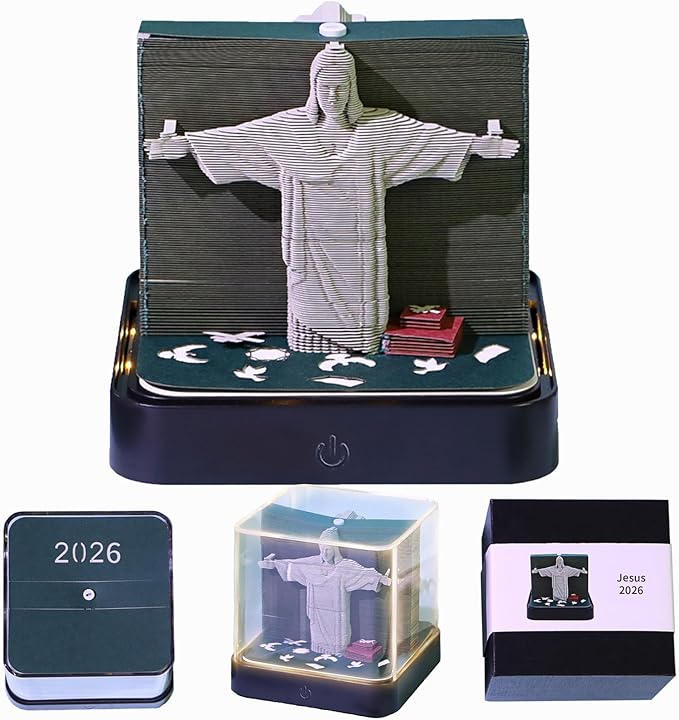 3D Time Piece Calendar 2026 DIY Calendars Tear Away Carving Art 3D Memo Pad Calendar With LED Lights sculpture artsy pads calendar notepad for Desktop Decor-Jesus