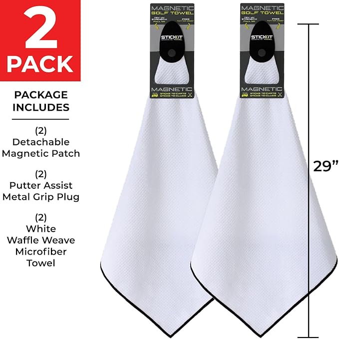 STICKIT Magnetic Towel, White | 2-Pack | Top-Tier Microfiber Golf Towel with Deep Waffle Pockets | Industrial Strength Magnet for Strong Hold to Golf Carts or Clubs
