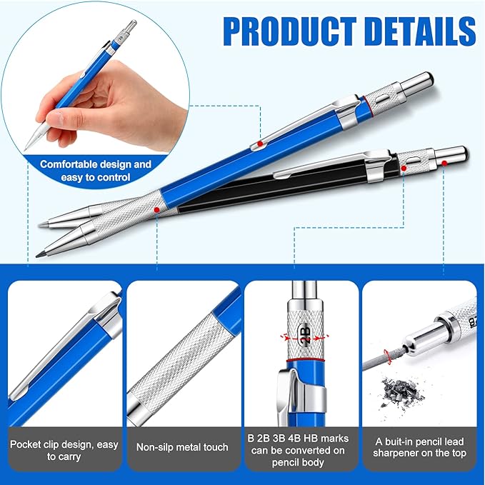 2 Pcs Welders Pencil with 48 PCS Round Refills Mechanical Pencils Metal Welding Marker for Tube Pipe Fitter Welder Steel Construction Woodworking (Sliver, Black)