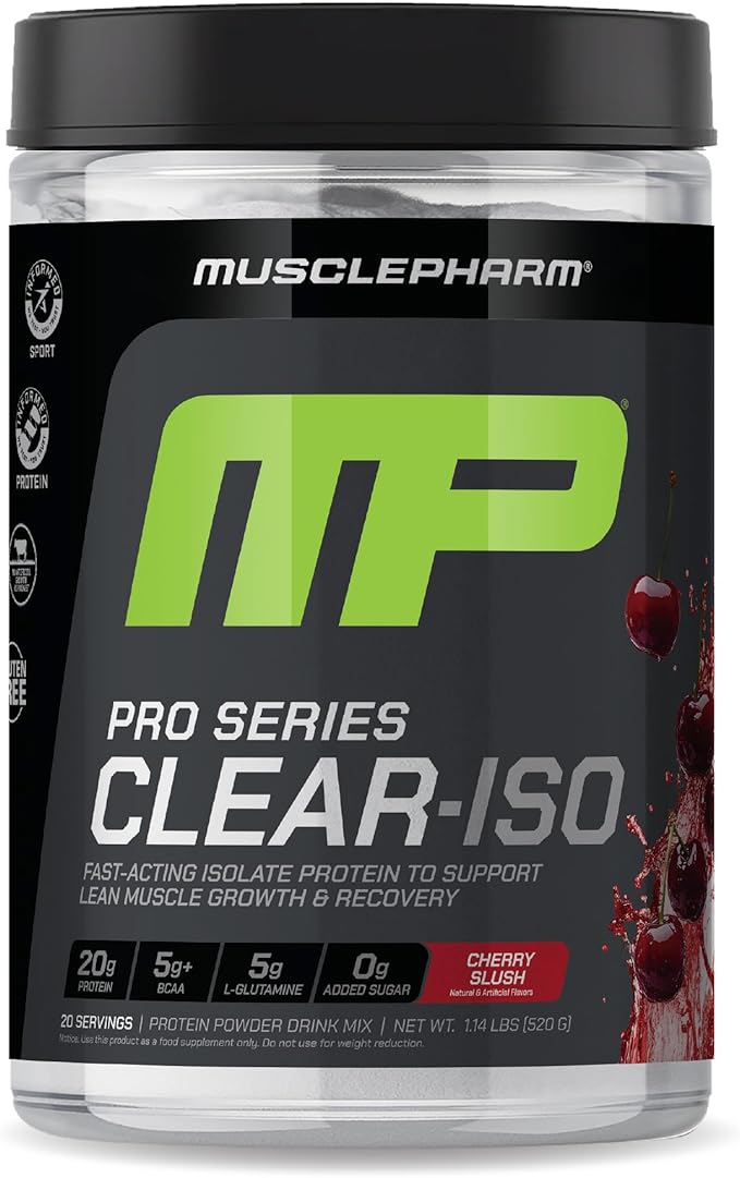 MusclePharm Pro Series Clear-ISO, Clear Protein Powder, 20g Fast-Acting Whey Isolate per Serving Plus BCAAs & L Glutamine | Pro-Grade Muscle Recovery & Growth | Cherry Slush, 1.14 lb, 20 Servings