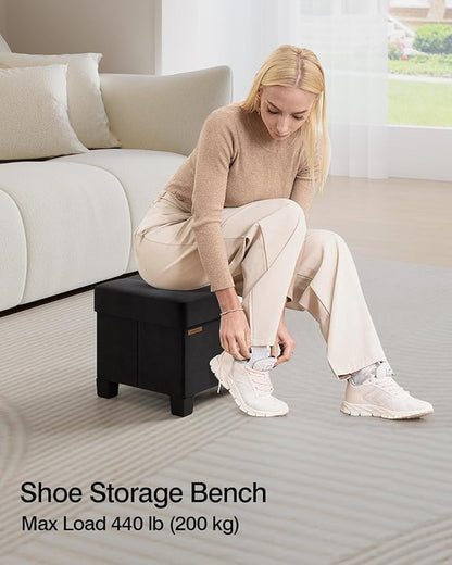 Cube Storage Ottoman, Velvet Foot Stool with Feet, Folding Storage Bench, End of Bed Bench, Storage Chest, for Living Room, Bedroom, 12.6 x 15.8 x 13.2 Inches, Black, ASND21B