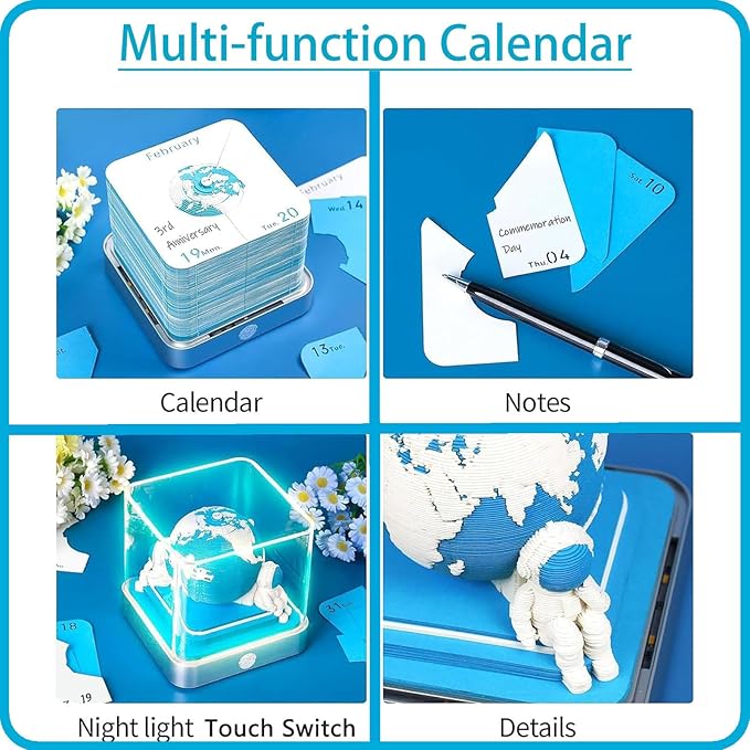 Time Piece Calendar 2026 3D Memo Pad Desk Calendar Tear Away Notepad with Lights DIY Art Carving Sticky Notes Artwork Gift for Thanksgiving Christmas Office Desktop Decoration-Blue Earth