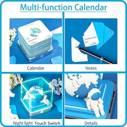 Time Piece Calendar 2026 3D Memo Pad Desk Calendar Tear Away Notepad with Lights DIY Art Carving Sticky Notes Artwork Gift for Thanksgiving Christmas Office Desktop Decoration-Blue Earth