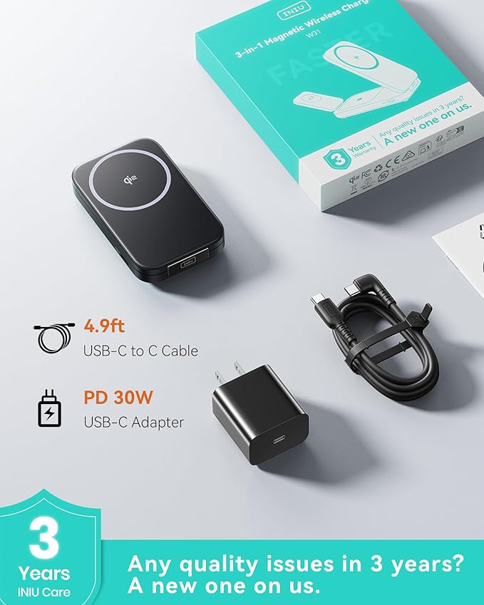 INIU 3 in 1 Wireless Charging Station, Qi2 Certified 15W Travel Charger for Apple Multiple Devices, Foldable Magnetic Wireless Charger Stand for iPhone 17 16 15 14 13 12 Series Apple Watch AirPods