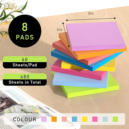 Sticky Notes 3x3 inch, 480 Sheets Colorful Sticky Notes Bulk with 200 Emotional Stickers，2 Pens, Cute Note Taking Self-Adhesive Notes Office，Teacher Supplies, Back to School Essentials