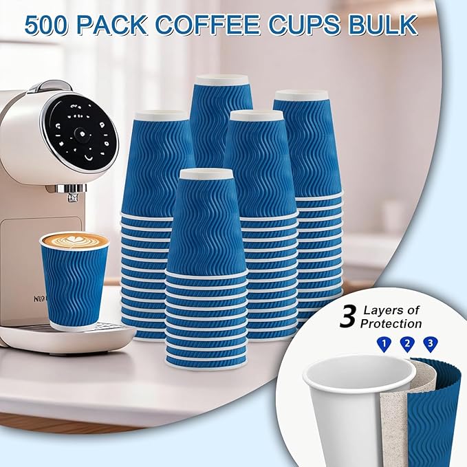 500 Pack 12oz Disposable Coffee Cups,Insulated Ripple Wall Paper Coffee Cups Bulk 12ounce,Hot & Cold Beverage Cup for Party,Home,Office,Cafe,Travel(Navy)