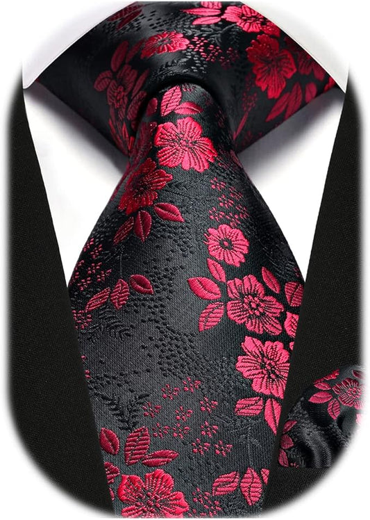 HISDERN Men Floral Ties Woven Classic 3.4" Necktie Set Formal Tie Pocket Square for Wedding with Handkerchief Gift Box