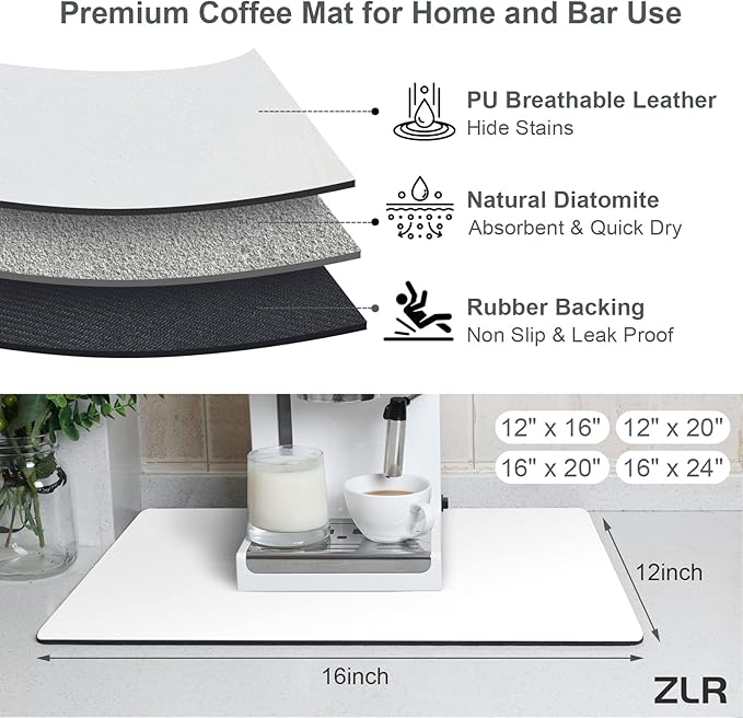 ZLR Coffee Mat - 12" x 16" Small Kitchen Hide Stain Absorbent Dish Drying Mat for Countertop - Easy to Clean Coffee Bar Mat for Espresso Machine and Spill Protection - Milk White