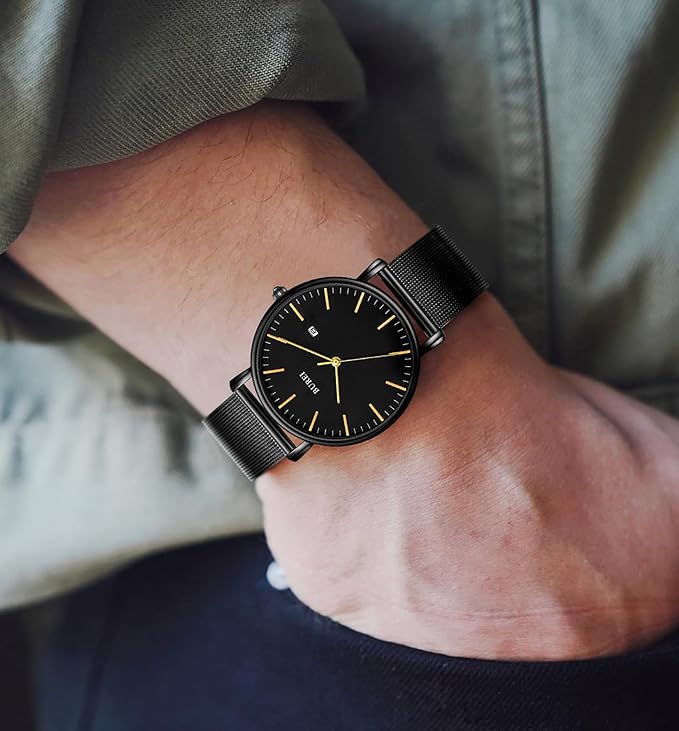 BUREI Men Watches Brown Leather Fashion Minimalist Wrist Watch Simple Ultra Thin Waterproof Quartz Watches All Black Stainless Steel Mesh Band,Gift for Men Women