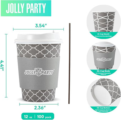 JOLLY PARTY [100 Sets] 12 oz Paper Coffee Cups, Disposable Coffee Cups with Lids, Sleeves and Straws, Hot Cold Beverage Drinking Cup for Water, Coffee or Tea, To-Go Cup Suitable for Office and Travel