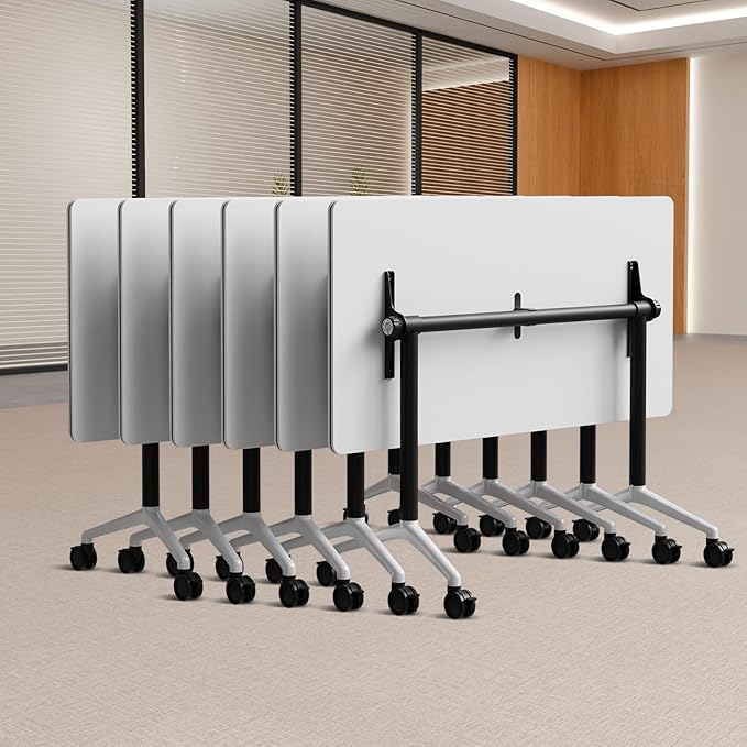 Folding Conference Table, Conference Room Tables Foldable Large Meeting Seminar Table on Wheels,Flip Top Boardroom Training Tables for Office, Classroom,Meeting (6, White2, 61in)