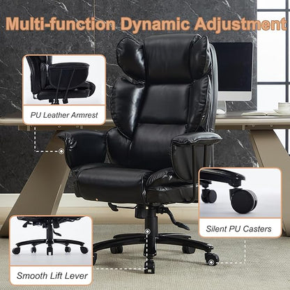 Big and Tall Office Chair 500lbs, Office Chair for Heavy People with Wide Seat and Lumbar Support, Ergonomic High Back Leather Executive Desk Chair with Clamshell Armrests - Black