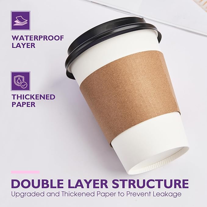 12 oz 100 Pack Disposable Coffee Cups with Lids and Sleeves, Coffee Paper Cups with Lids, To Go Beverage Drinking Cup for Coffee, Tea