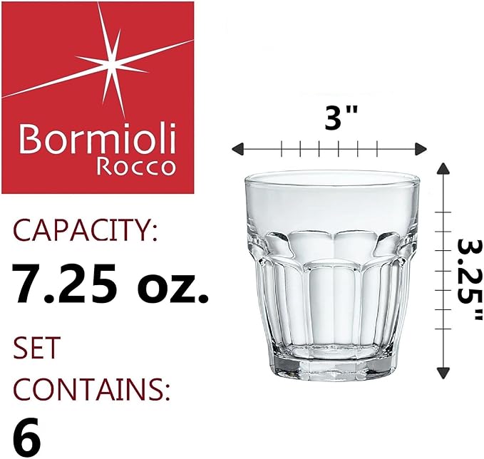 Bormioli Rocco Rock Bar 7.25 oz. Juice Stackable Tempered Beverage Glasses for Cold Drinks, Water, and Cocktails, Set of 6, Clear