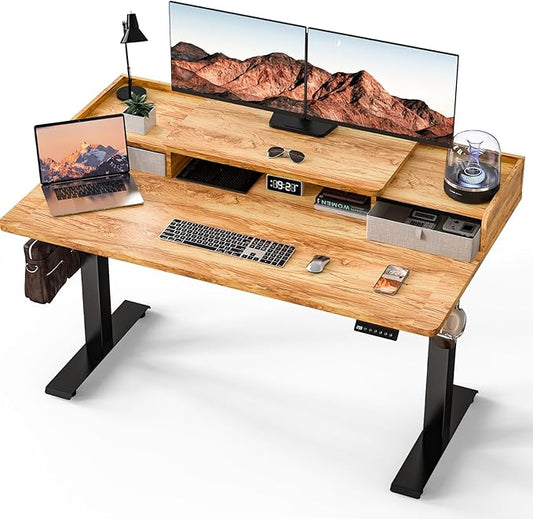 Kingant 55 x 30 Inch Standing Desk with Drawers, Adjustable Height Electric Sit Stand Desk with Storage Shelf, Rising Stand Up Computer Desk for Home Office Workstation, 3 Preset Heights