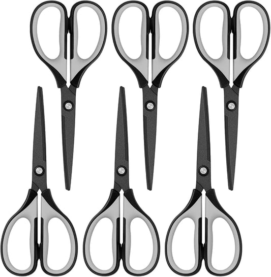 7” Titanium Student Scissors, Stainless Steel Professional Multi-Purpose Scissors with Titanium Coated Blades, Soft Grip Handle, Grey Black, 6 Pieces Set